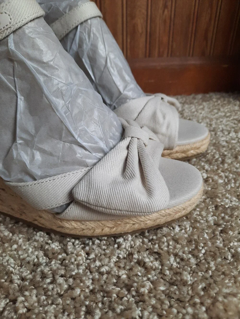 🛍 NIB Life Stride Tahlia Bone Canvas Ankle Strap Bow Espadrille Wedges Size 7
